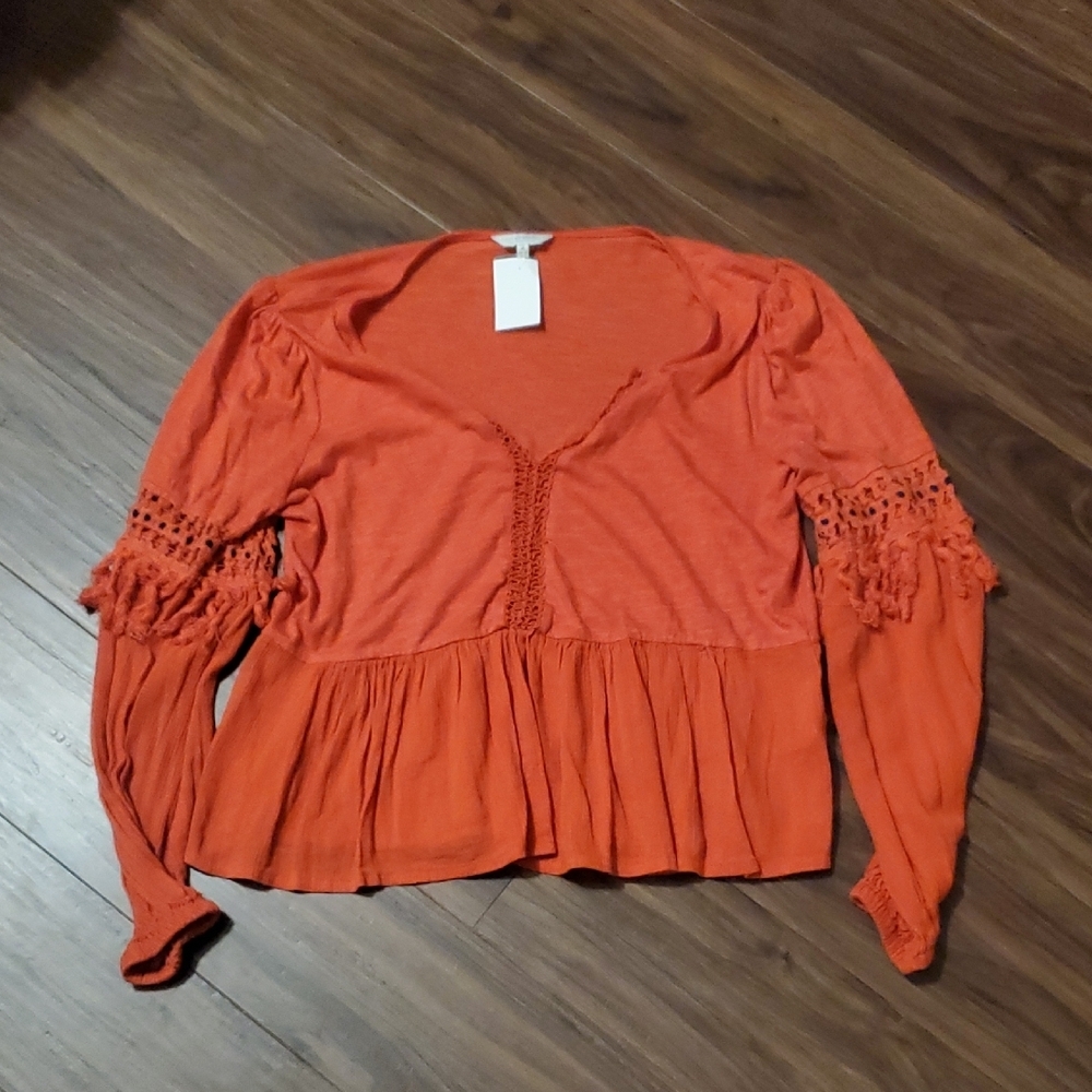 Lucky Brand Orange Crochet Sleeve Blouse